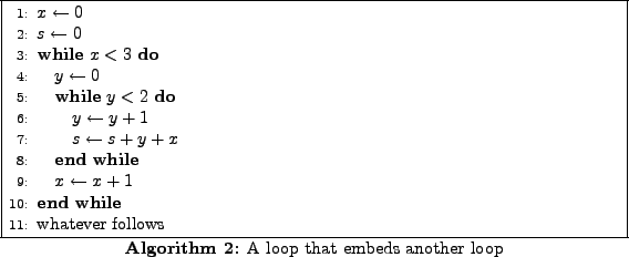 \begin{algorithm}
% latex2html id marker 93\begin{algorithmic}[1]
\STATE $x ...
...
\end{algorithmic} \caption{A loop that embeds another loop}
\end{algorithm}