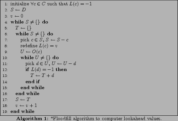 \begin{algorithm}
% latex2html id marker 54\begin{algorithmic}[1]
\STATE ini...
...\caption{\lq\lq Floodfill algorithm to computer lookahead values.}
\end{algorithm}